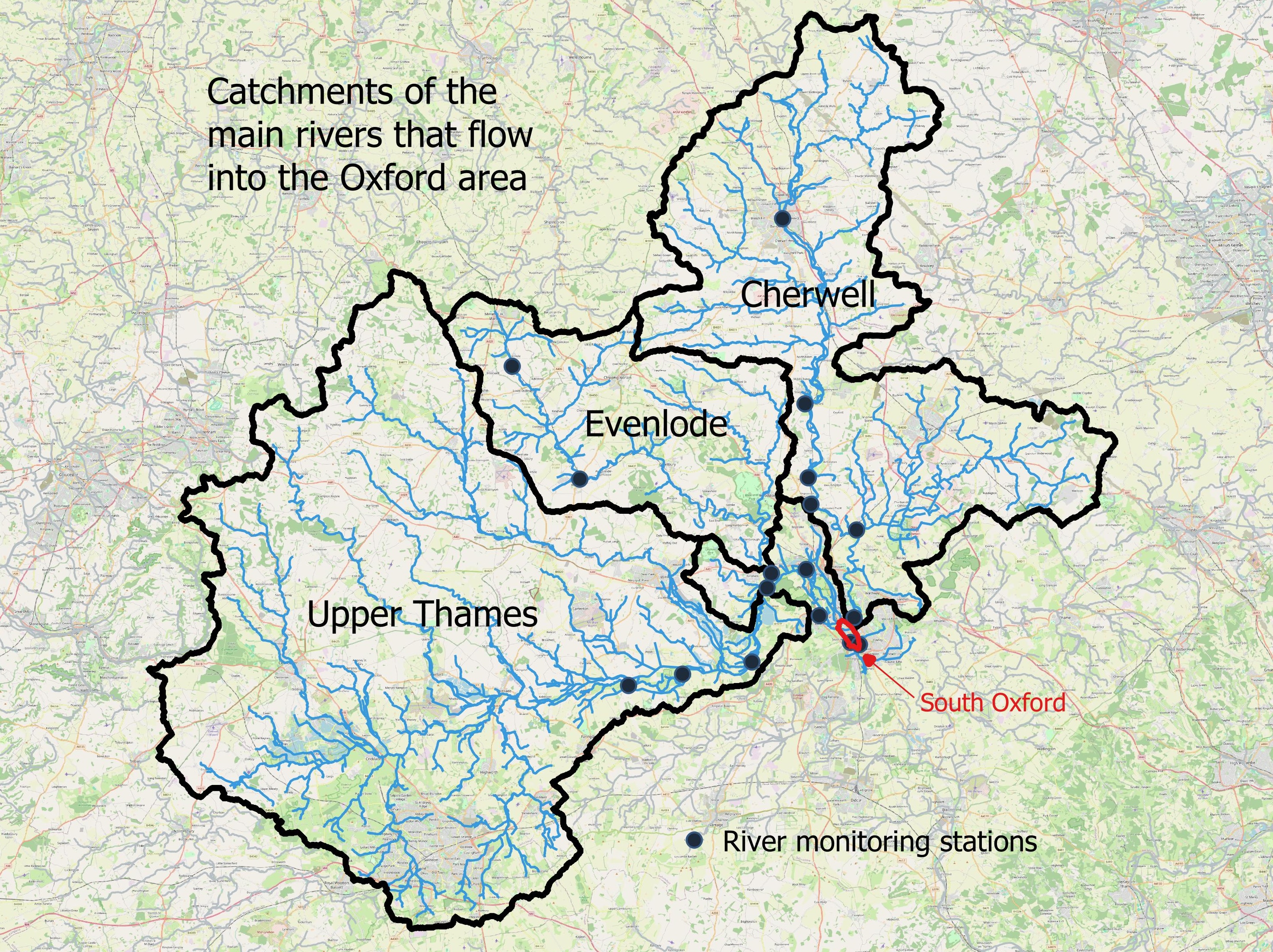 Map of river catchments for Upper Thames, Evenlode, Cherwell